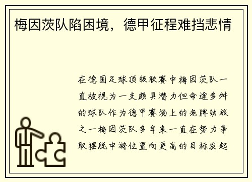 梅因茨队陷困境，德甲征程难挡悲情